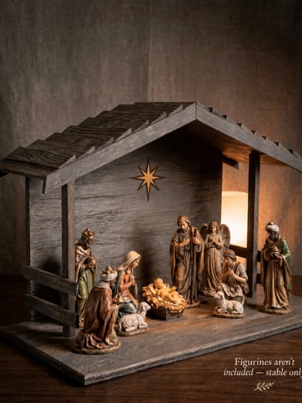 18" Handcrafted Wooden Nativity Stable | Aged Barnwood Shingle Roof Manger